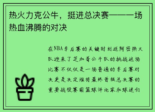 热火力克公牛，挺进总决赛——一场热血沸腾的对决
