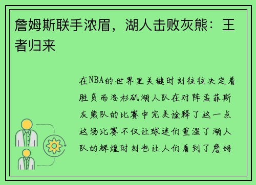 詹姆斯联手浓眉，湖人击败灰熊：王者归来